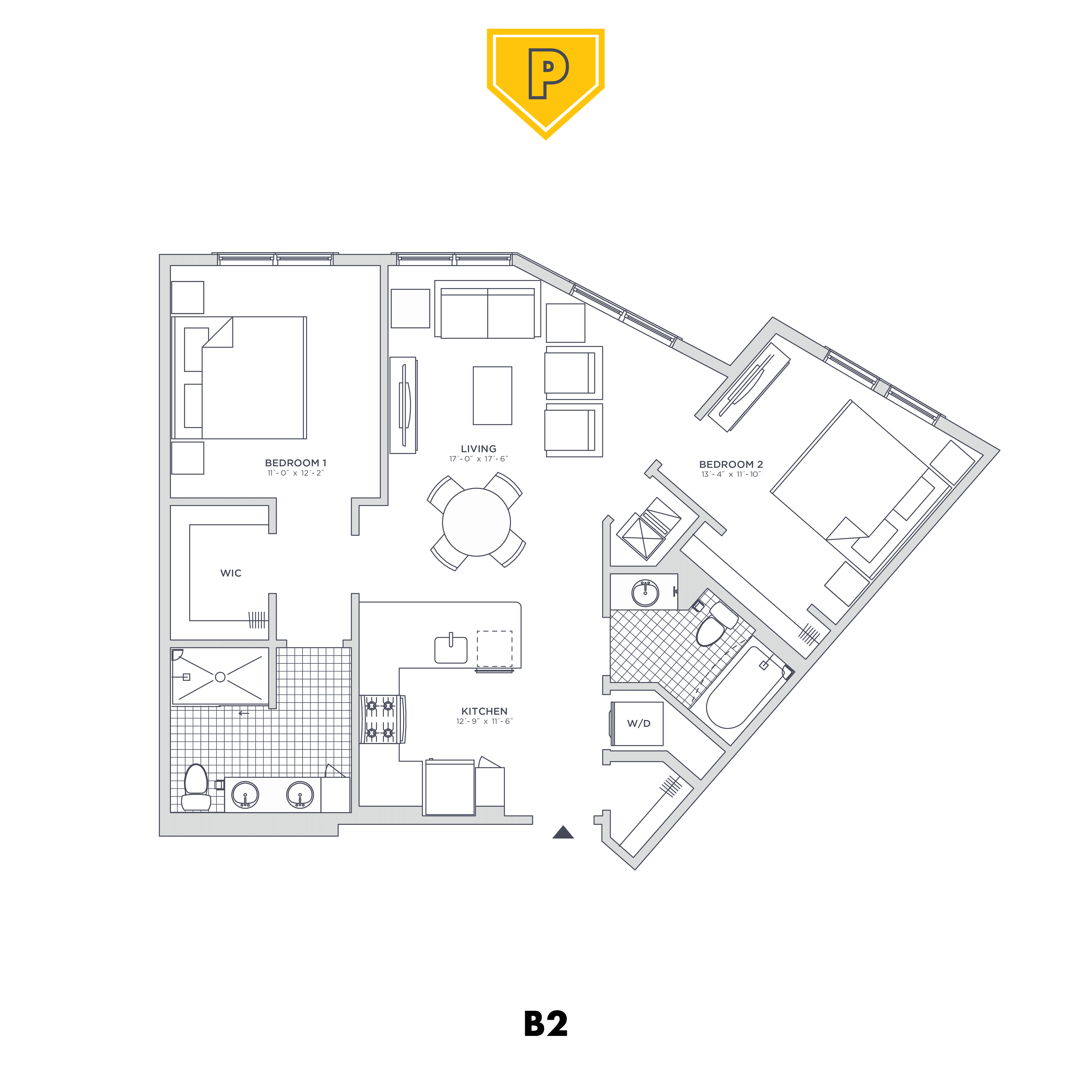 Floor plan for 2 beds, 2 baths, 996 sqft
